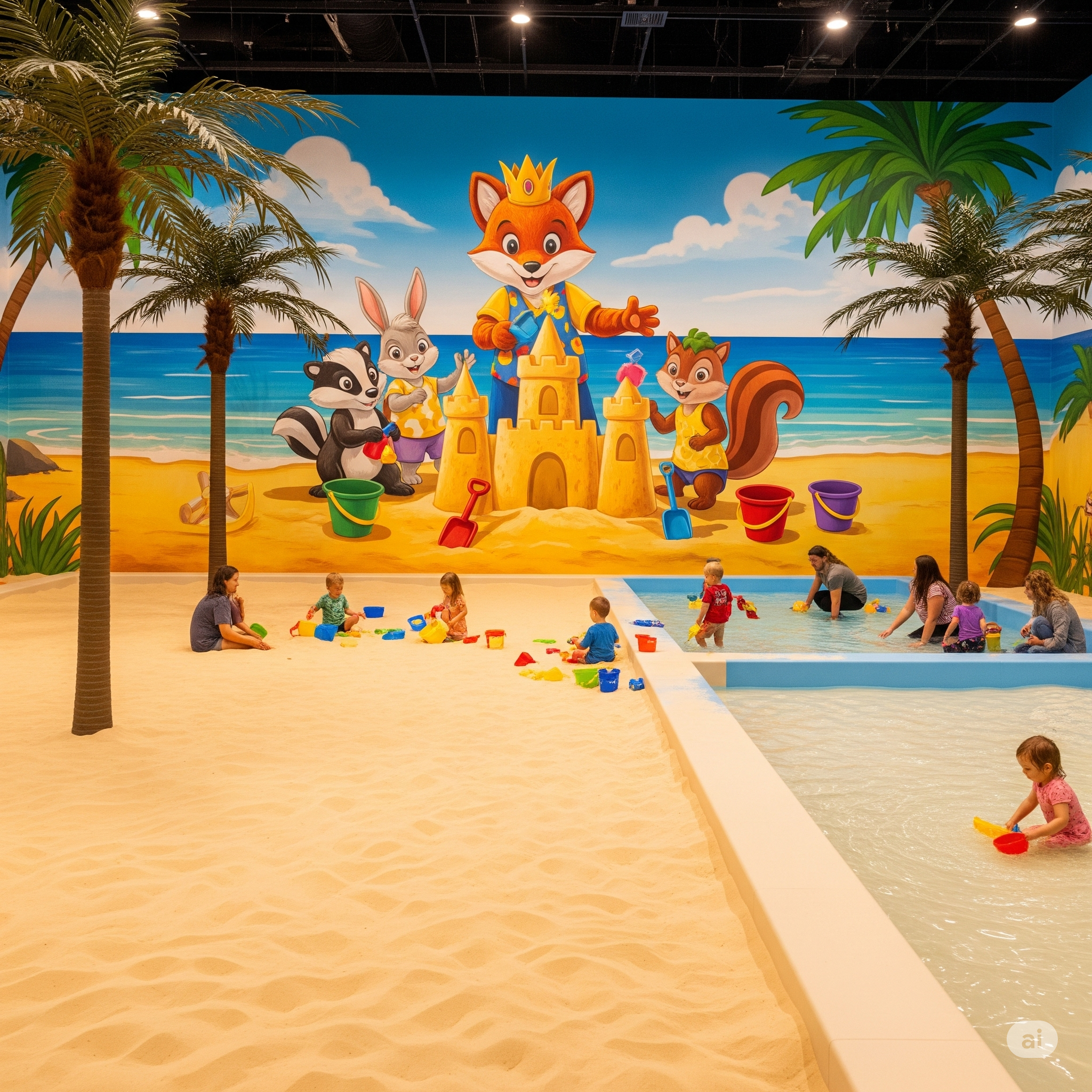 Indoor sandy play area with toys