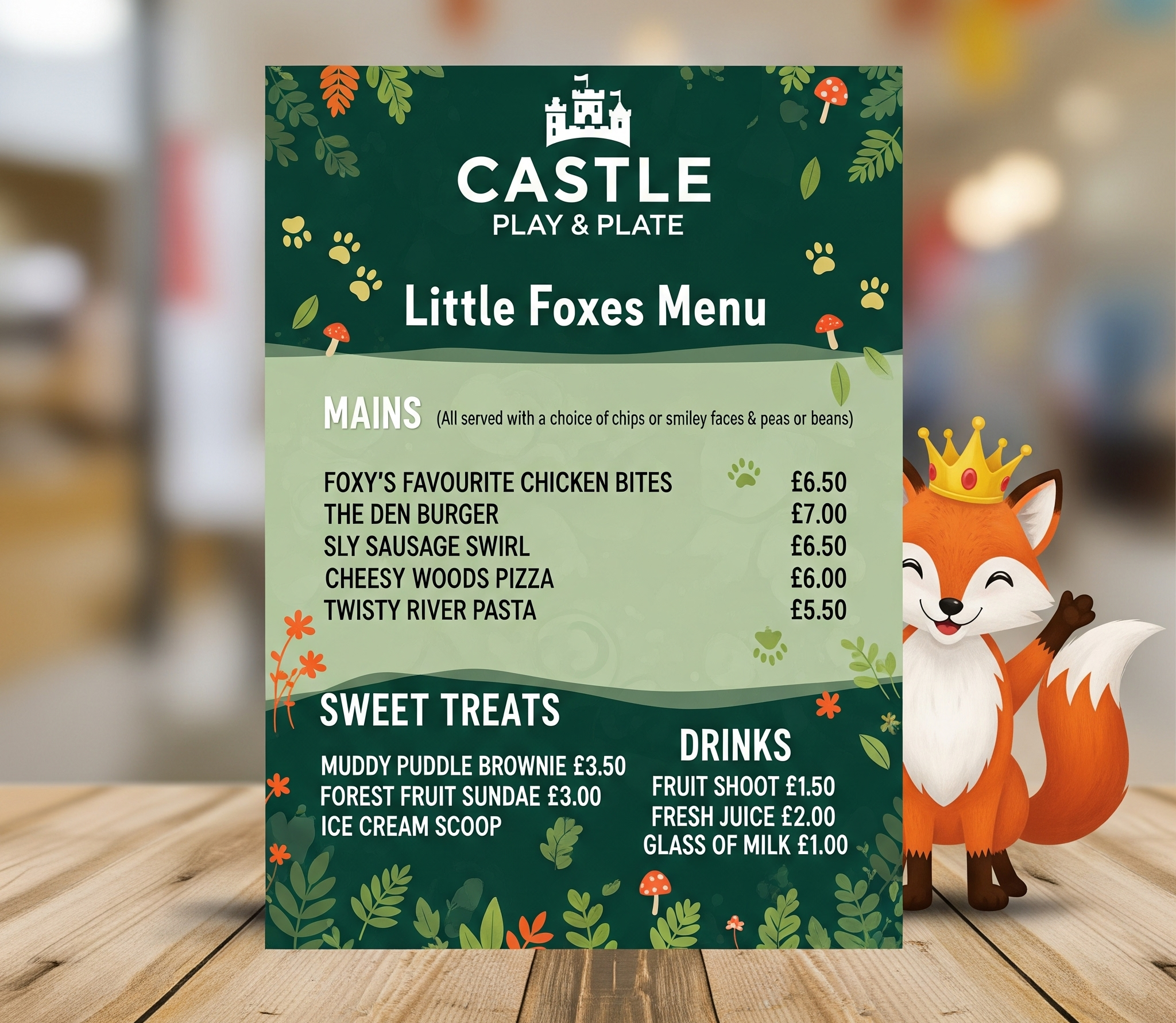 Kids' menu with various options